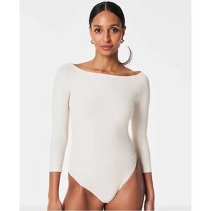 Spanx Suit Yourself Boat Neck 3/4 Sleeve Slimming Soft Ribbed Bodysuit Cream S